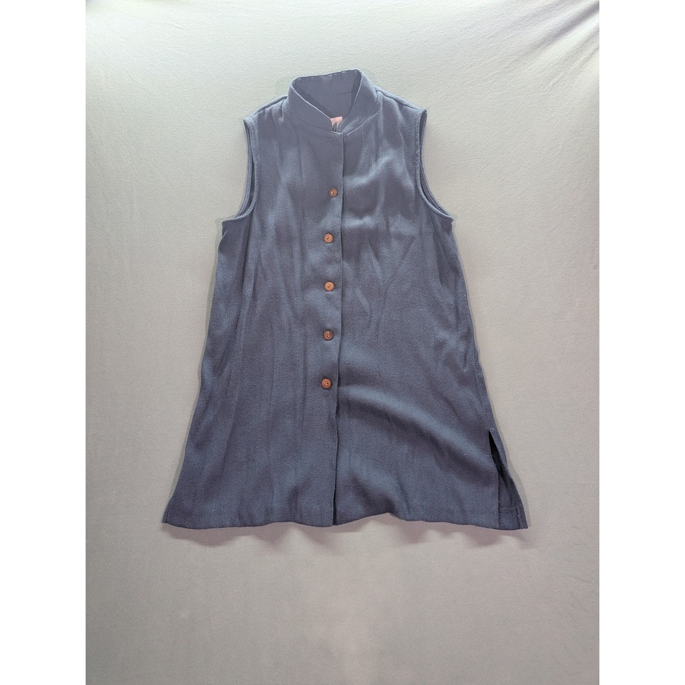 Vintage Maggie Lawrence Blue Sleeveless Button Front Tunic Top Mock Neck Small